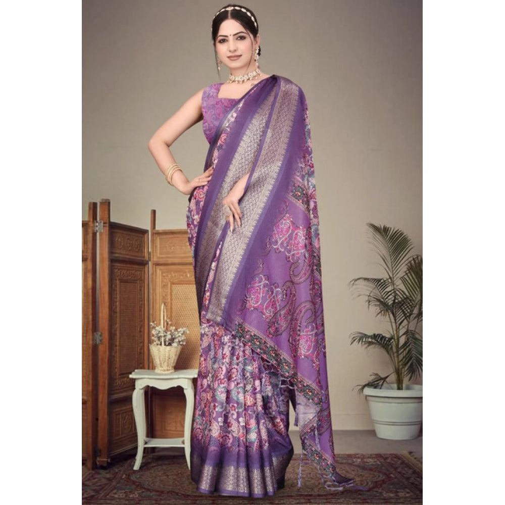 Women's Cotton Silk Printed Saree With Unstitched Blouse 5.5Mtr (Purple)
