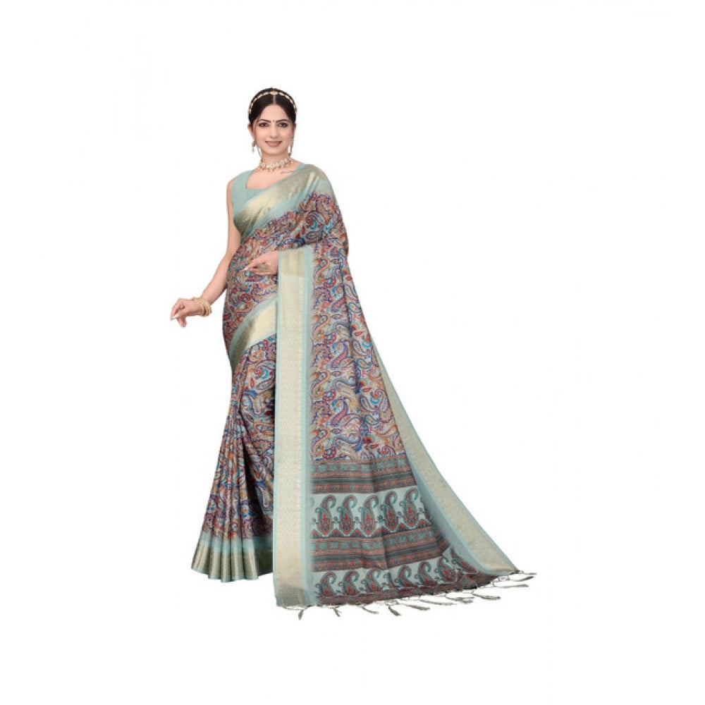 Women's Cotton Silk Printed Saree With Unstitched Blouse 5.5Mtr (Multicolor)