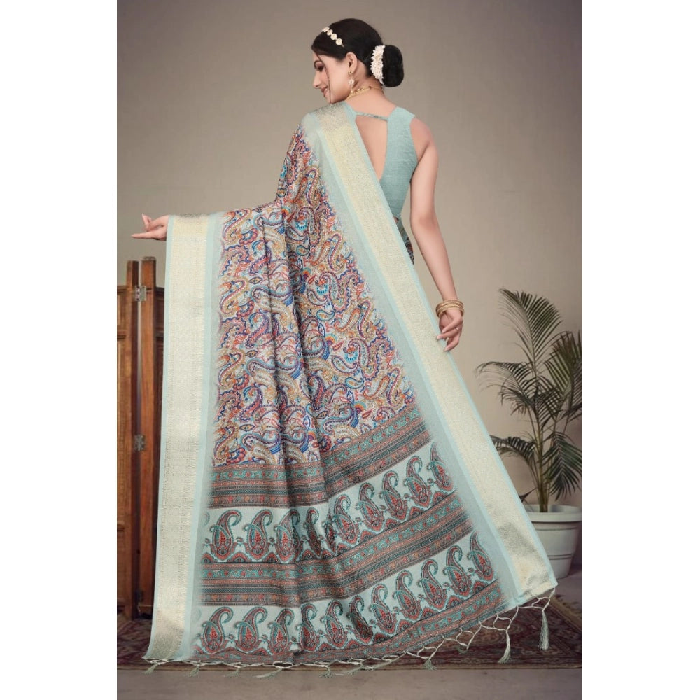 Women's Cotton Silk Printed Saree With Unstitched Blouse 5.5Mtr (Multicolor)