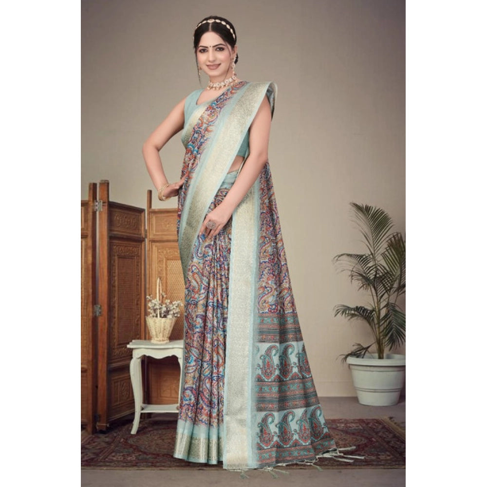 Women's Cotton Silk Printed Saree With Unstitched Blouse 5.5Mtr (Multicolor)