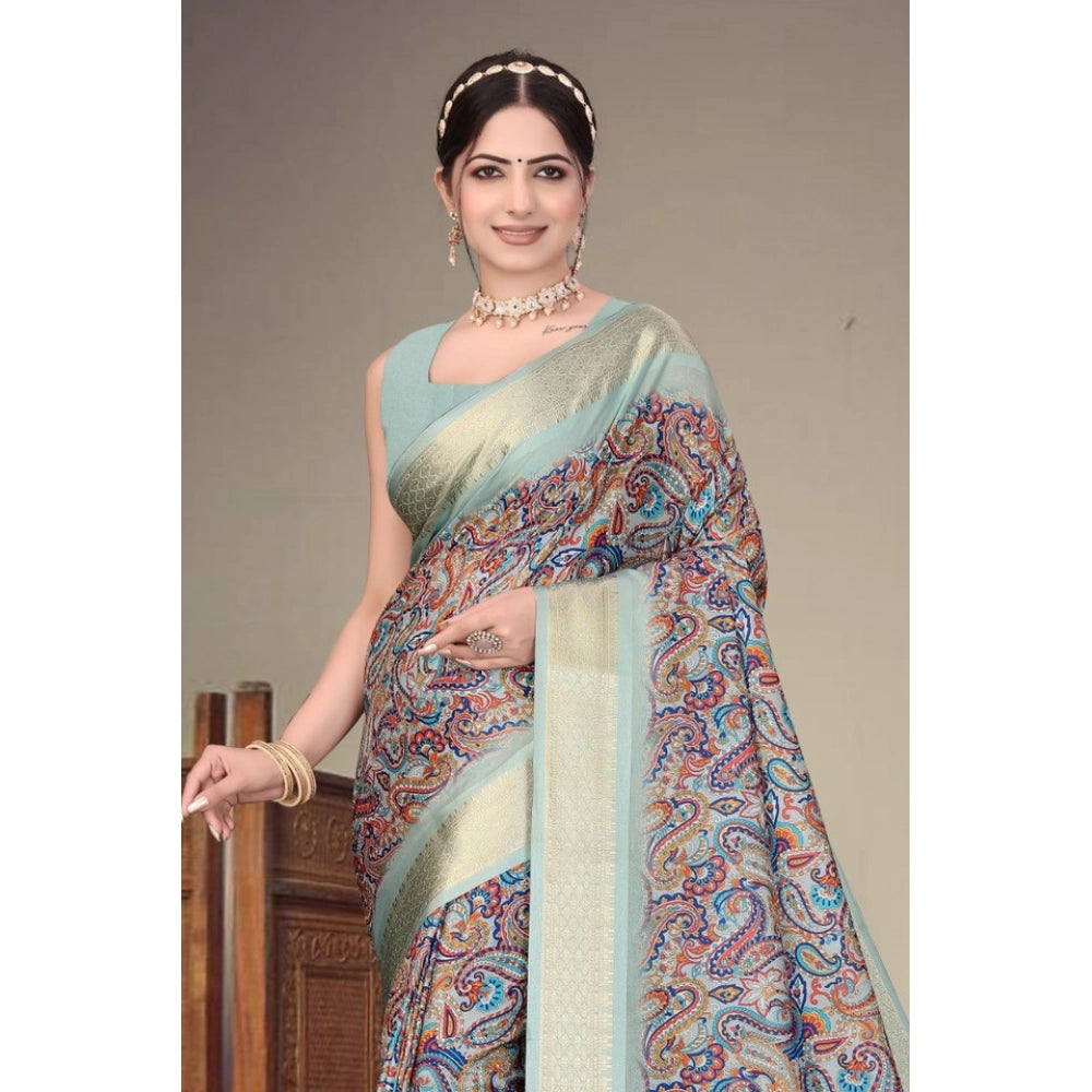 Women's Cotton Silk Printed Saree With Unstitched Blouse 5.5Mtr (Multicolor)
