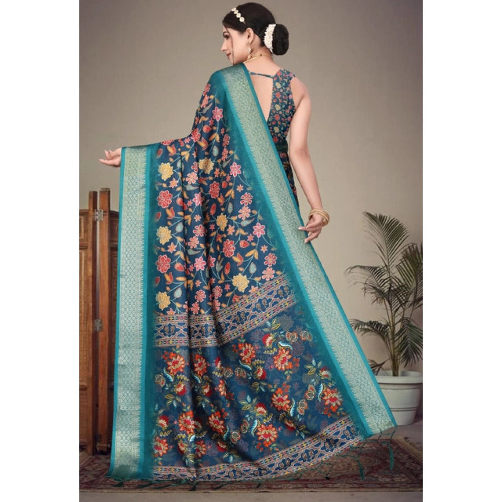 Women's Cotton Silk Printed Saree With Unstitched Blouse 5.5Mtr (Blue)