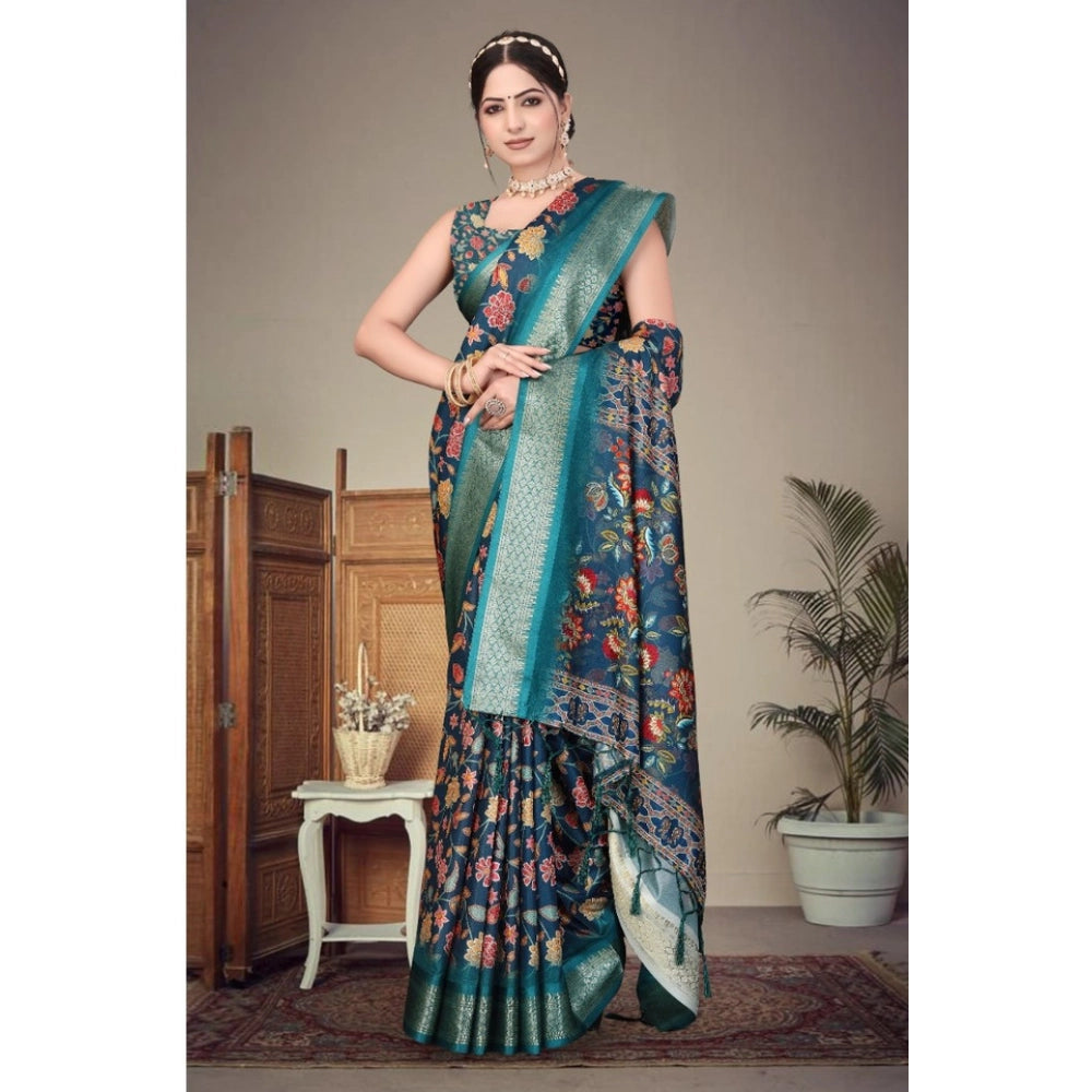 Women's Cotton Silk Printed Saree With Unstitched Blouse 5.5Mtr (Blue)
