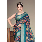 Women's Cotton Silk Printed Saree With Unstitched Blouse 5.5Mtr (Blue)