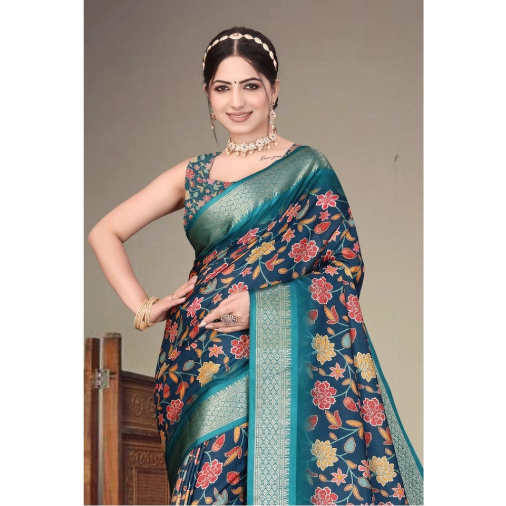 Women's Cotton Silk Printed Saree With Unstitched Blouse 5.5Mtr (Blue)