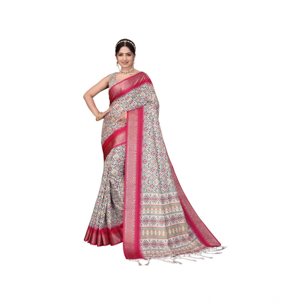 Women's Cotton Silk Printed Saree With Unstitched Blouse 5.5Mtr (Pink)