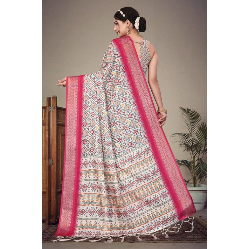 Women's Cotton Silk Printed Saree With Unstitched Blouse 5.5Mtr (Pink)