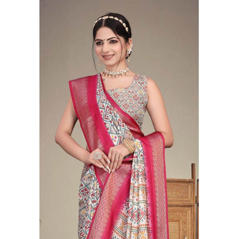 Women's Cotton Silk Printed Saree With Unstitched Blouse 5.5Mtr (Pink)