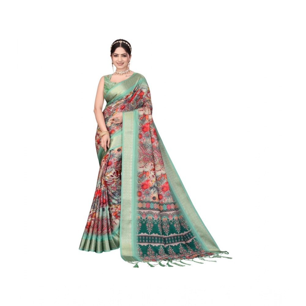 Women's Cotton Silk Printed Saree With Unstitched Blouse 5.5Mtr (Light Green)