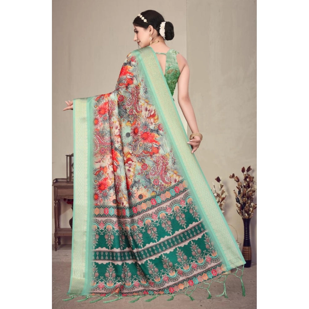 Women's Cotton Silk Printed Saree With Unstitched Blouse 5.5Mtr (Light Green)