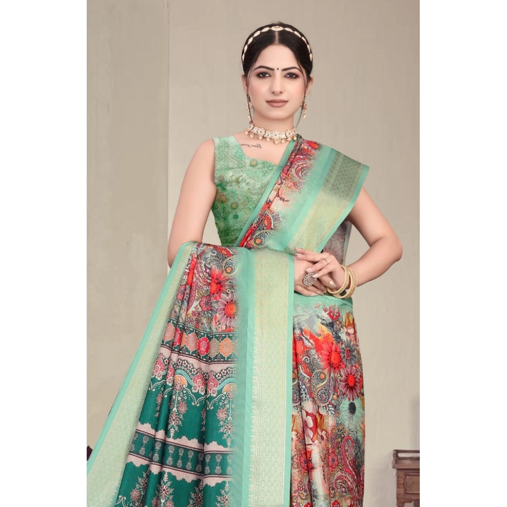 Women's Cotton Silk Printed Saree With Unstitched Blouse 5.5Mtr (Light Green)