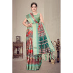 Women's Cotton Silk Printed Saree With Unstitched Blouse 5.5Mtr (Light Green)