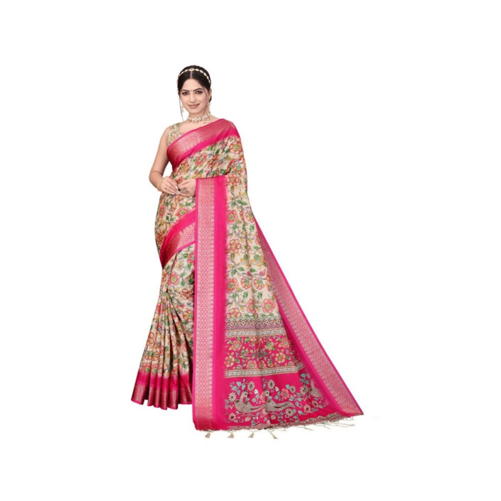Women's Cotton Silk Printed Saree With Unstitched Blouse 5.5Mtr (Pink)