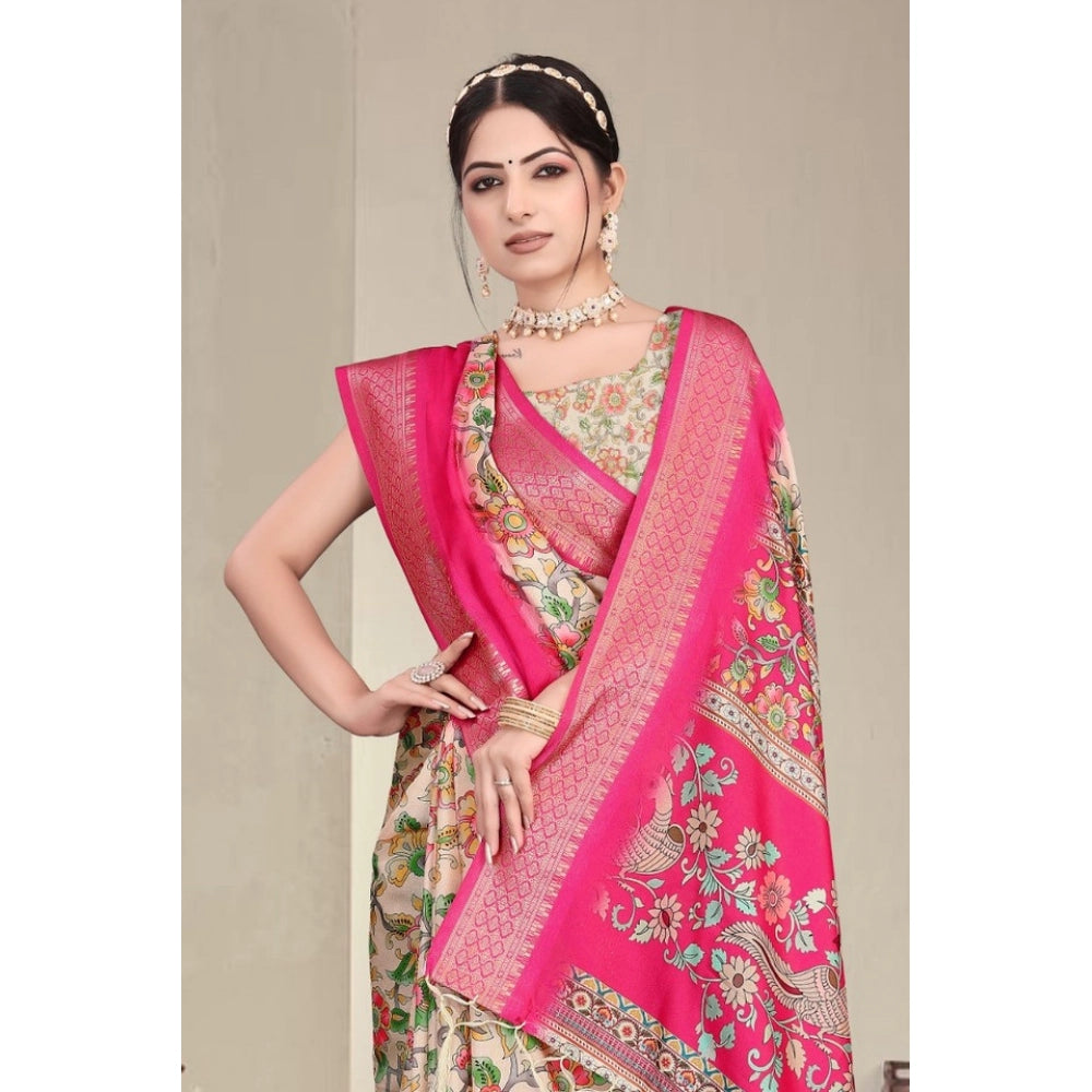 Women's Cotton Silk Printed Saree With Unstitched Blouse 5.5Mtr (Pink)