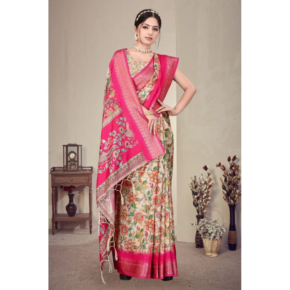 Women's Cotton Silk Printed Saree With Unstitched Blouse 5.5Mtr (Pink)