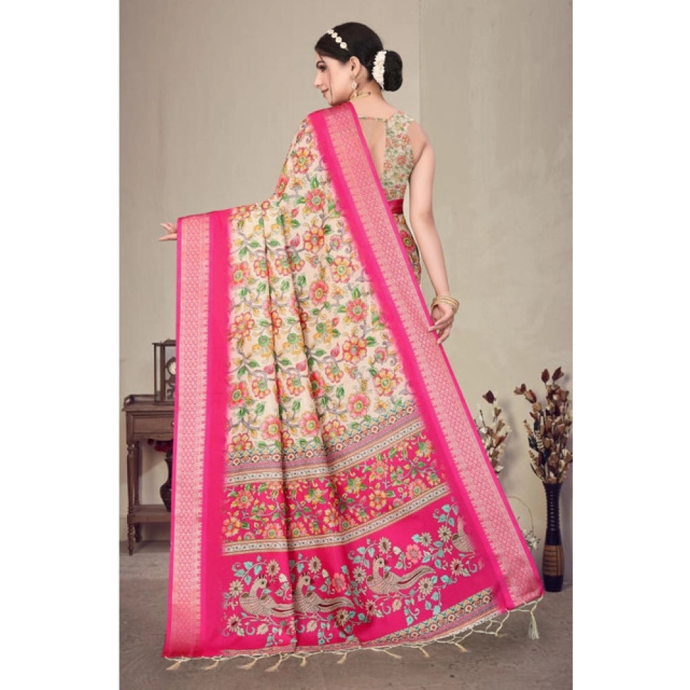 Women's Cotton Silk Printed Saree With Unstitched Blouse 5.5Mtr (Pink)