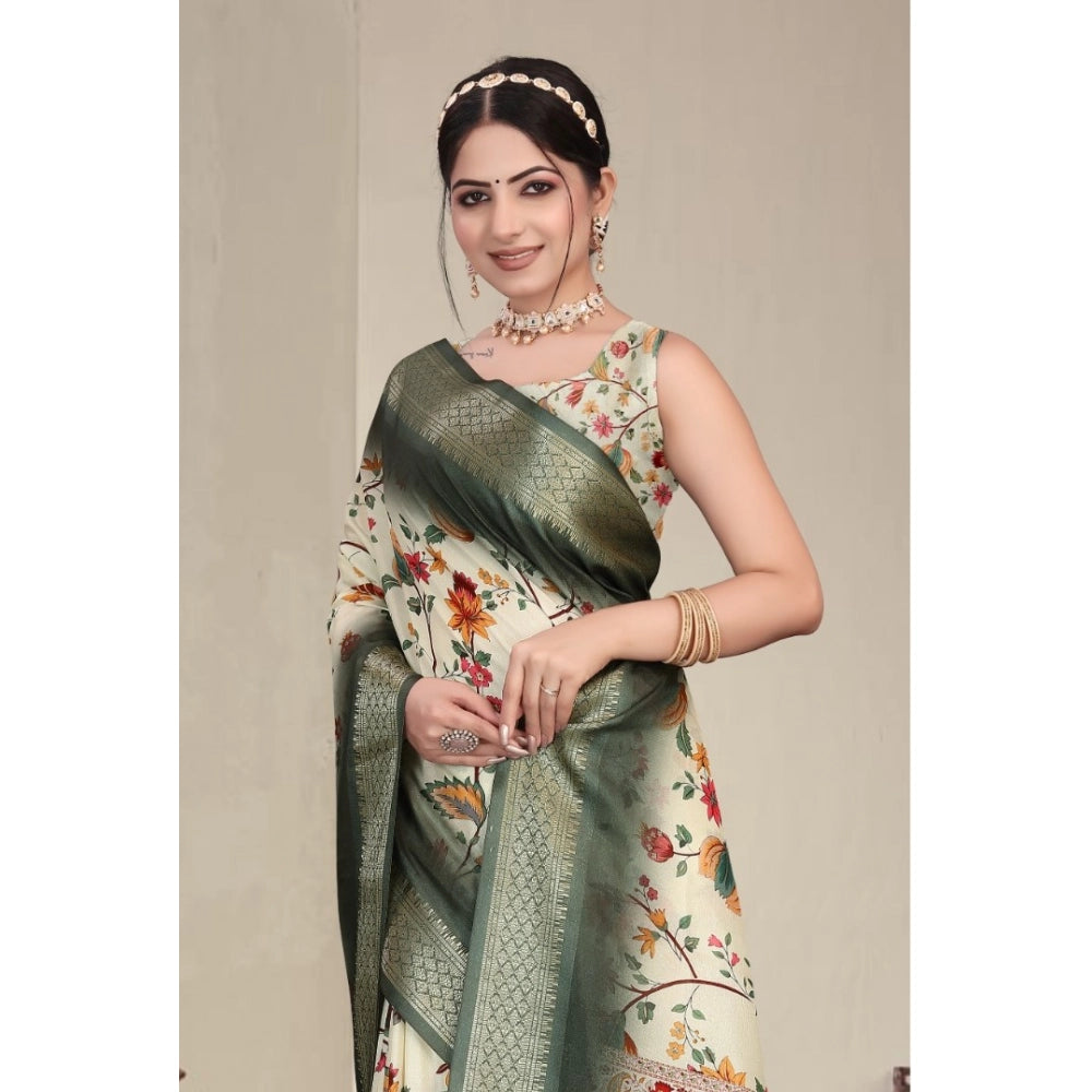Women's Cotton Silk Printed Saree With Unstitched Blouse 5.5Mtr (Green)