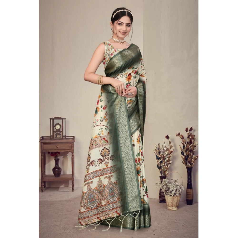 Women's Cotton Silk Printed Saree With Unstitched Blouse 5.5Mtr (Green)