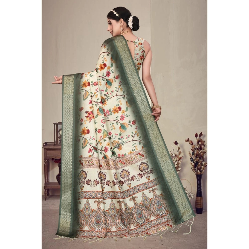 Women's Cotton Silk Printed Saree With Unstitched Blouse 5.5Mtr (Green)