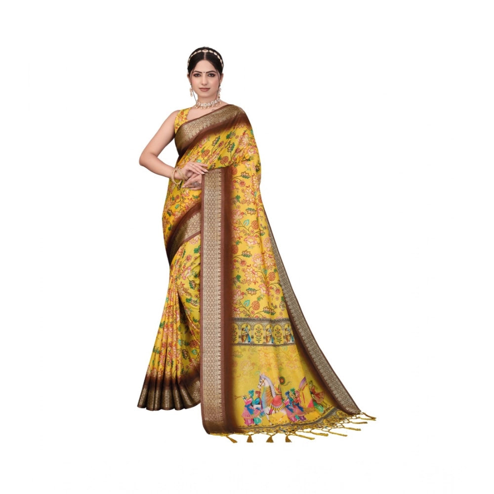 Women's Cotton Silk Printed Saree With Unstitched Blouse 5.5Mtr (Yellow)