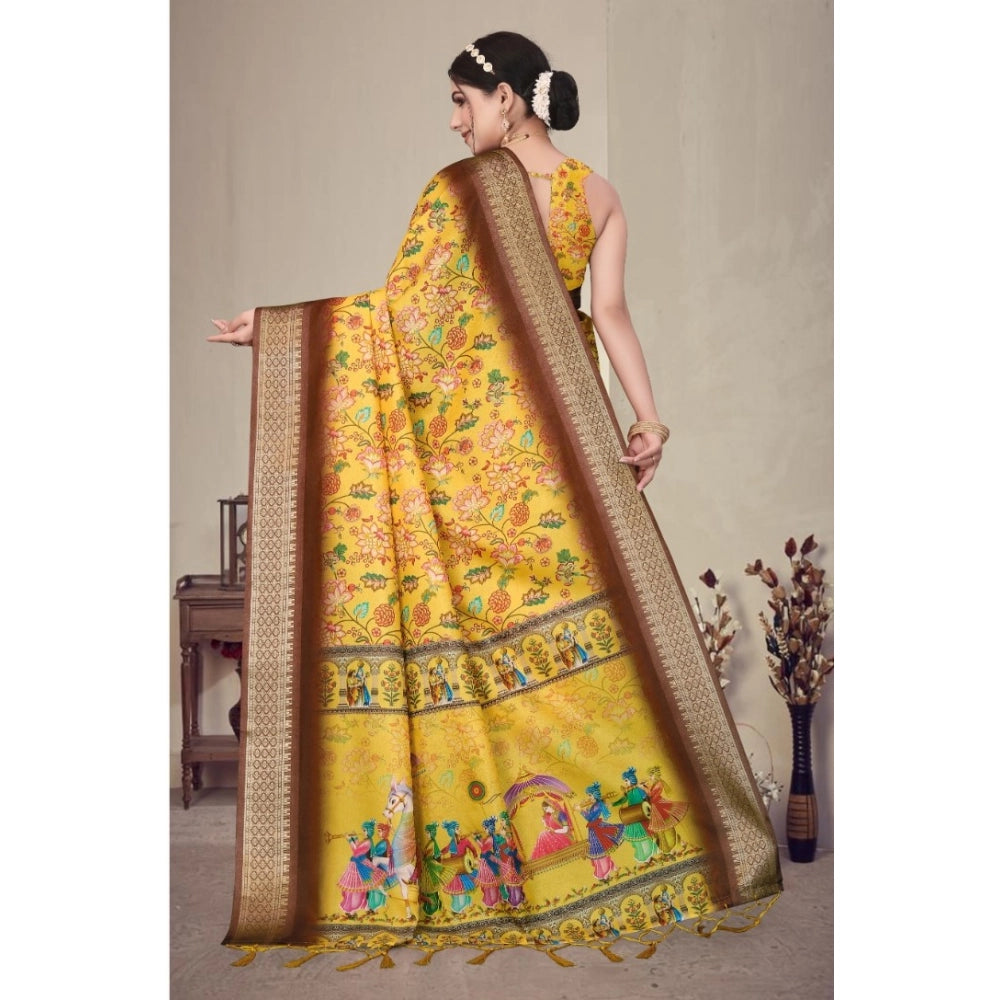 Women's Cotton Silk Printed Saree With Unstitched Blouse 5.5Mtr (Yellow)