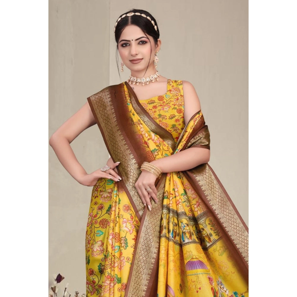 Women's Cotton Silk Printed Saree With Unstitched Blouse 5.5Mtr (Yellow)