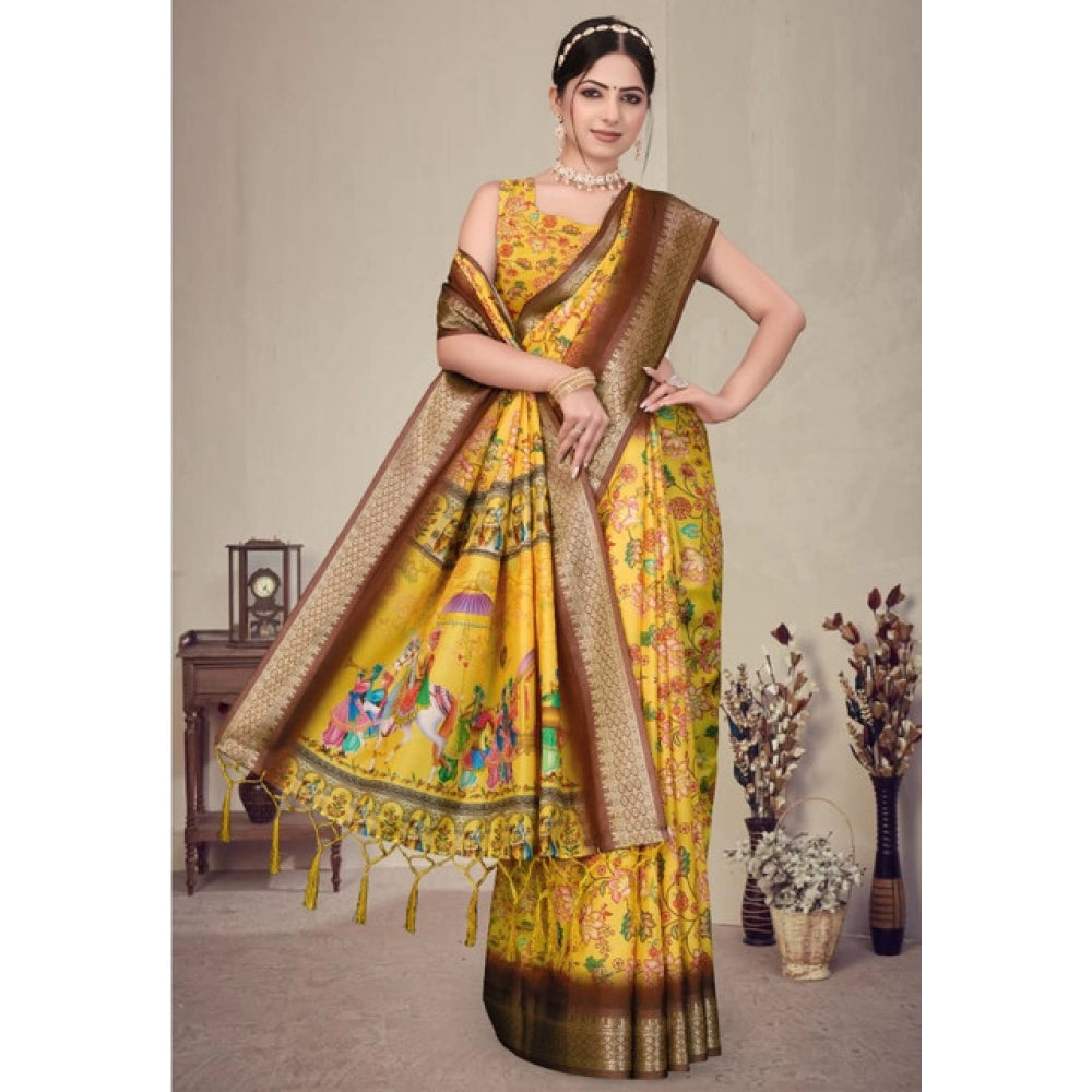 Women's Cotton Silk Printed Saree With Unstitched Blouse 5.5Mtr (Yellow)
