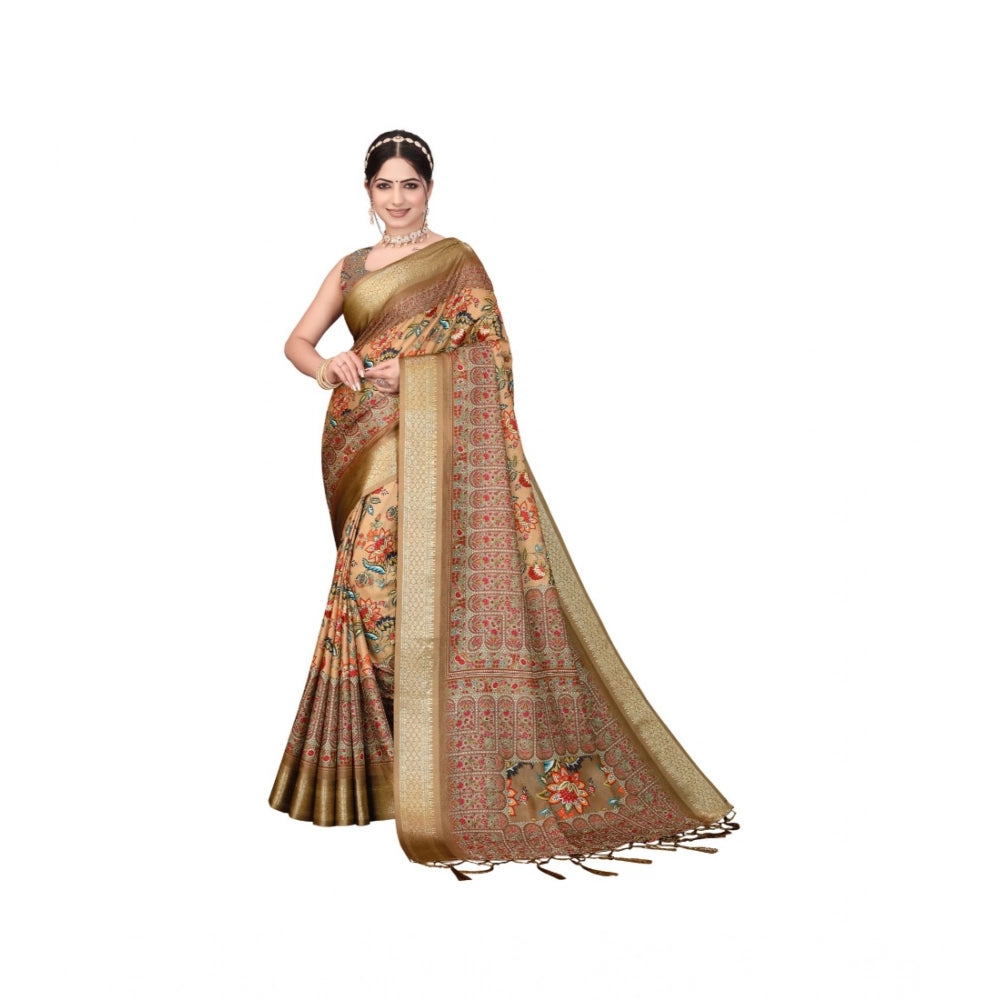 Women's Cotton Silk Printed Saree With Unstitched Blouse 5.5Mtr (Peach)