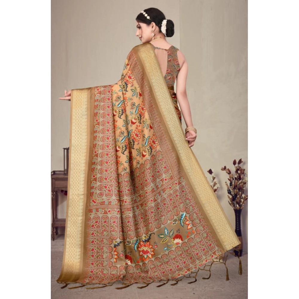 Women's Cotton Silk Printed Saree With Unstitched Blouse 5.5Mtr (Peach)