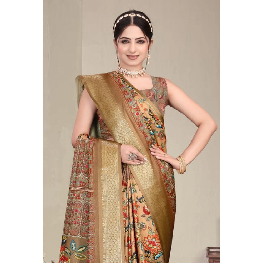 Women's Cotton Silk Printed Saree With Unstitched Blouse 5.5Mtr (Peach)