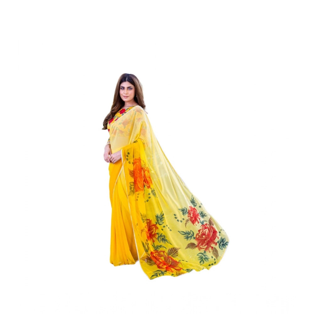 Women's Georgette Printed Saree With Unstitched Blouse 5.5Mtr (Yellow)