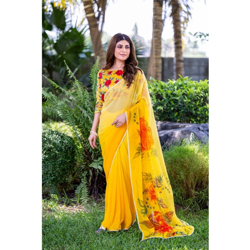 Women's Georgette Printed Saree With Unstitched Blouse 5.5Mtr (Yellow)