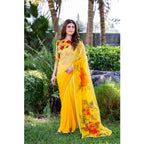 Women's Georgette Printed Saree With Unstitched Blouse 5.5Mtr (Yellow)