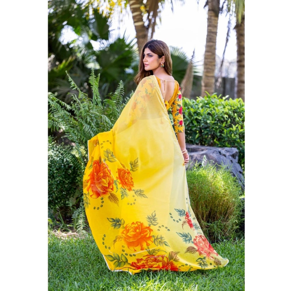 Women's Georgette Printed Saree With Unstitched Blouse 5.5Mtr (Yellow)