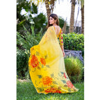 Women's Georgette Printed Saree With Unstitched Blouse 5.5Mtr (Yellow)