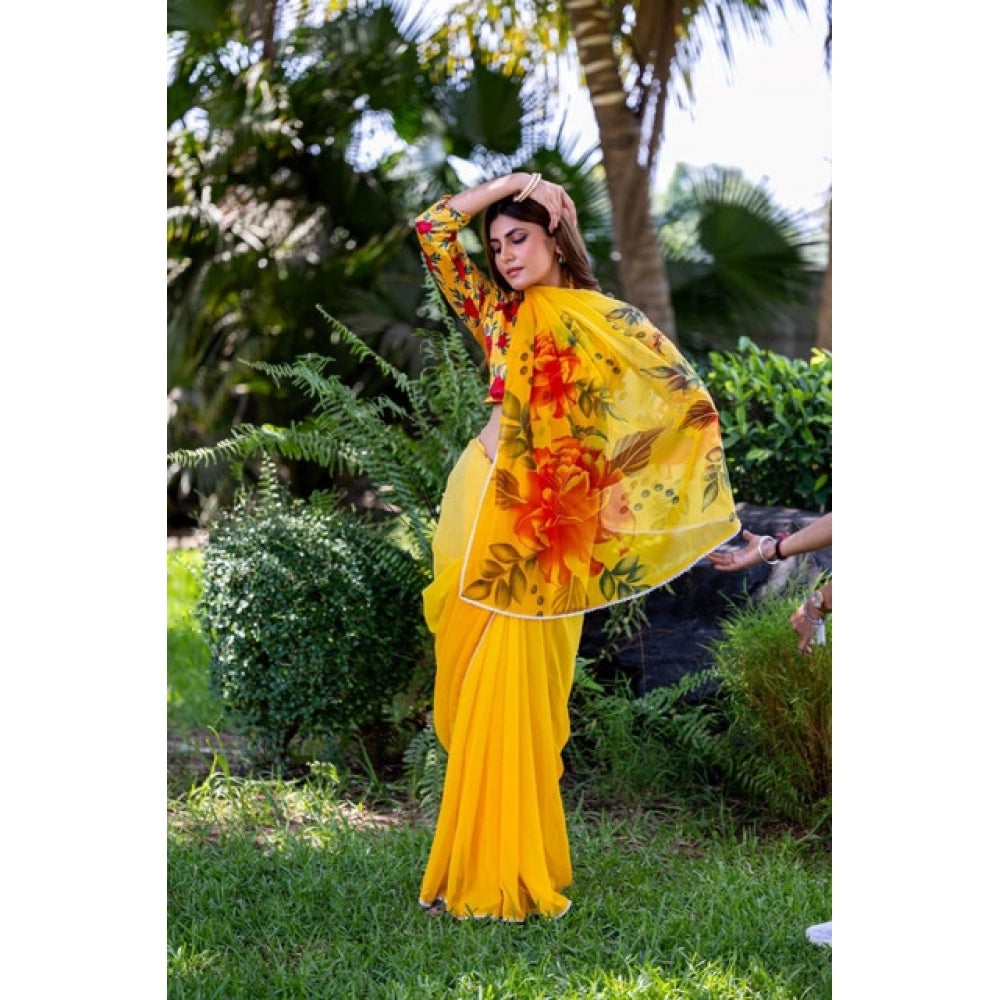 Women's Georgette Printed Saree With Unstitched Blouse 5.5Mtr (Yellow)