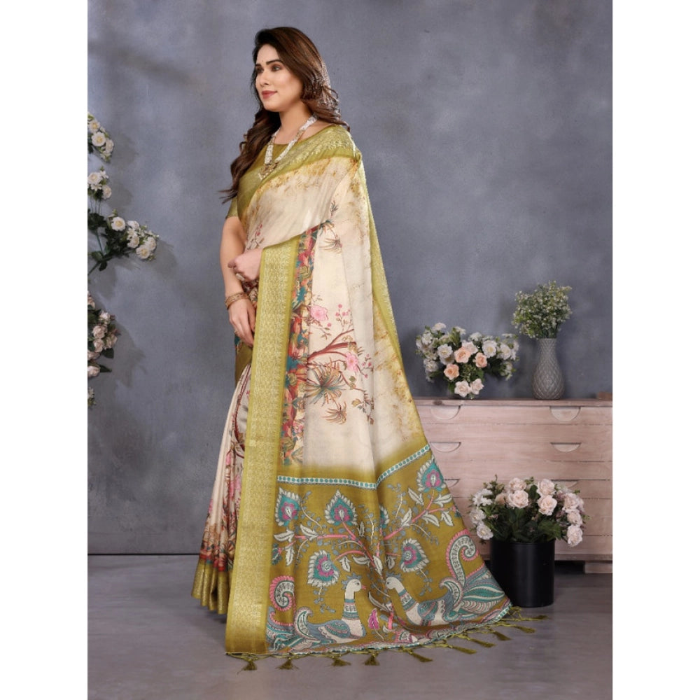 Women's Cotton Silk Printed Saree With Unstitched Blouse 5.5Mtr (Olive Green)