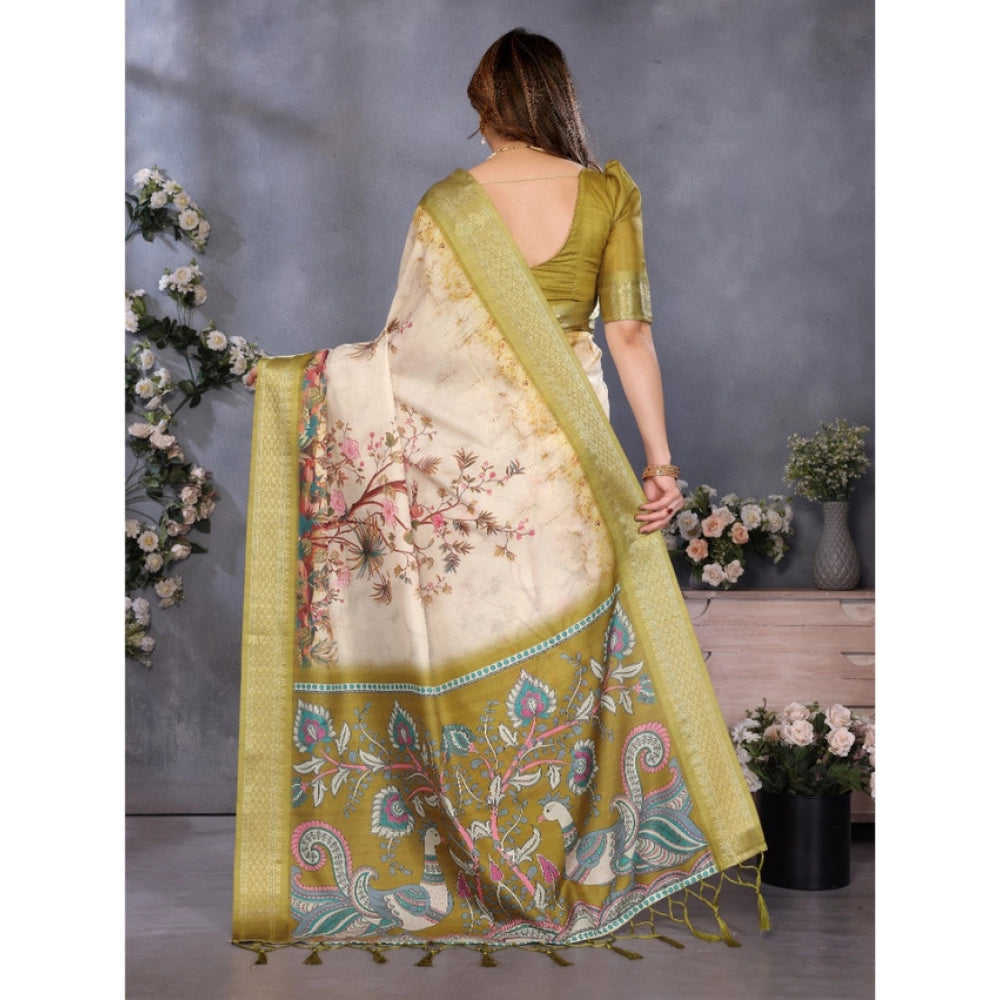 Women's Cotton Silk Printed Saree With Unstitched Blouse 5.5Mtr (Olive Green)