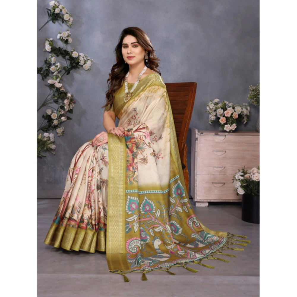 Women's Cotton Silk Printed Saree With Unstitched Blouse 5.5Mtr (Olive Green)
