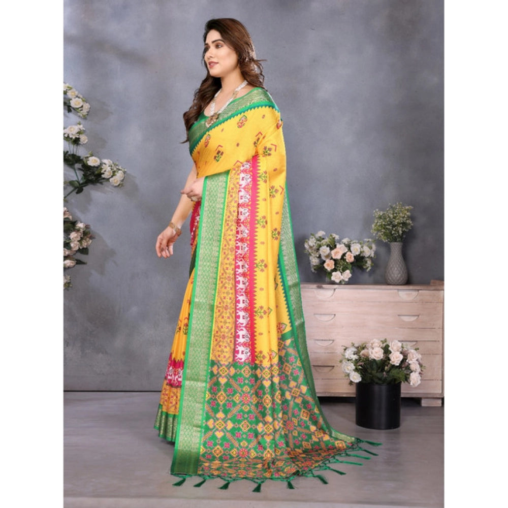 Women's Cotton Silk Printed Saree With Unstitched Blouse 5.5Mtr (Yellow)
