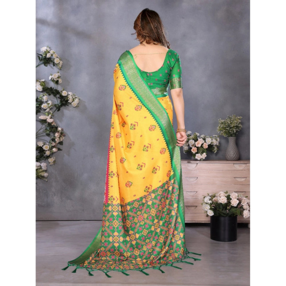 Women's Cotton Silk Printed Saree With Unstitched Blouse 5.5Mtr (Yellow)