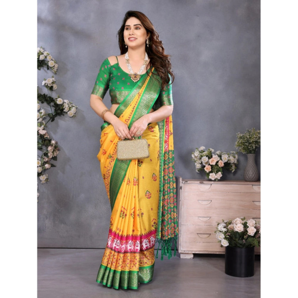 Women's Cotton Silk Printed Saree With Unstitched Blouse 5.5Mtr (Yellow)