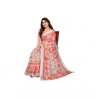 Women's Linen Cotton Printed Saree With Unstitched Blouse 5.5Mtr (Orange )
