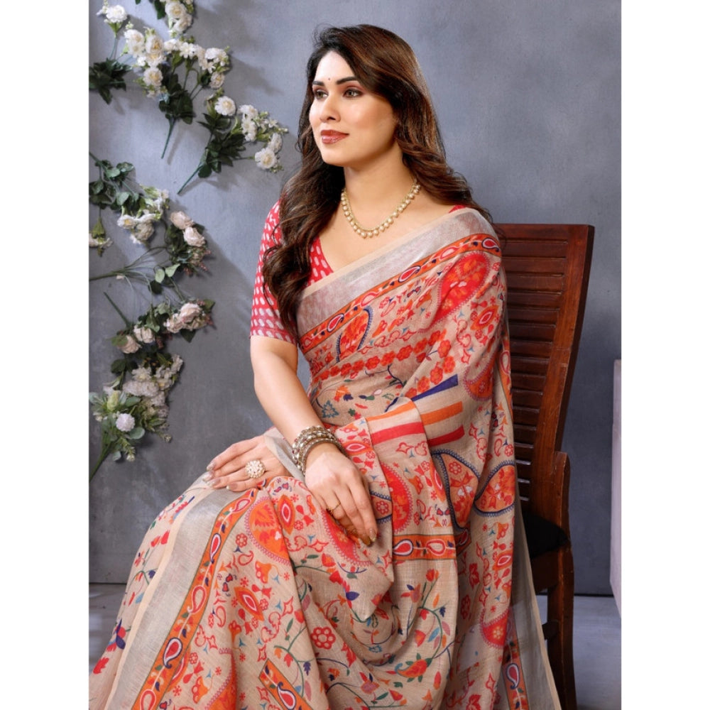 Women's Linen Cotton Printed Saree With Unstitched Blouse 5.5Mtr (Orange )