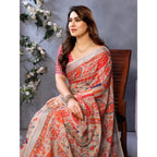 Women's Linen Cotton Printed Saree With Unstitched Blouse 5.5Mtr (Orange )