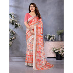 Women's Linen Cotton Printed Saree With Unstitched Blouse 5.5Mtr (Orange )