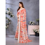 Women's Linen Cotton Printed Saree With Unstitched Blouse 5.5Mtr (Orange )