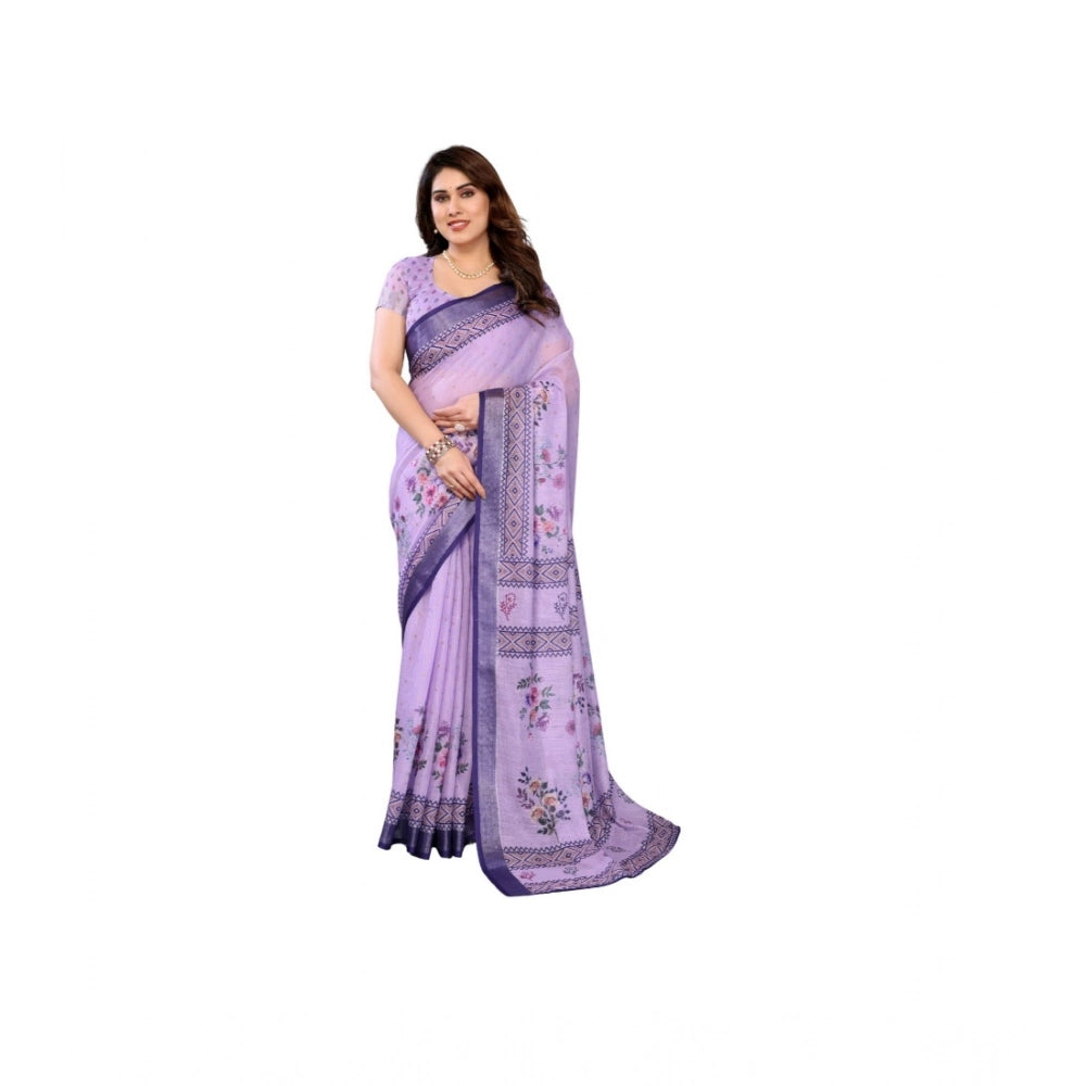 Women's Linen Cotton Printed Saree With Unstitched Blouse 5.5Mtr (Purple)