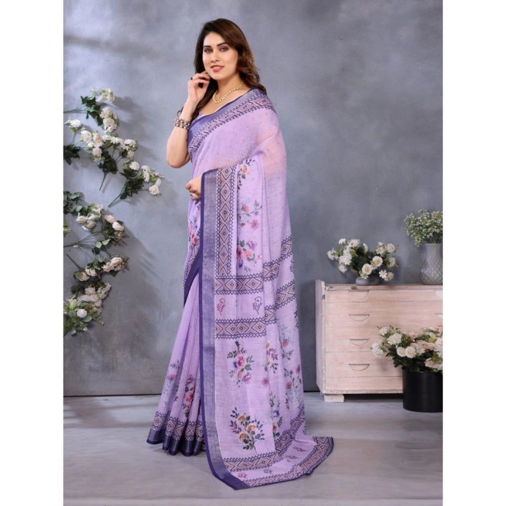 Women's Linen Cotton Printed Saree With Unstitched Blouse 5.5Mtr (Purple)