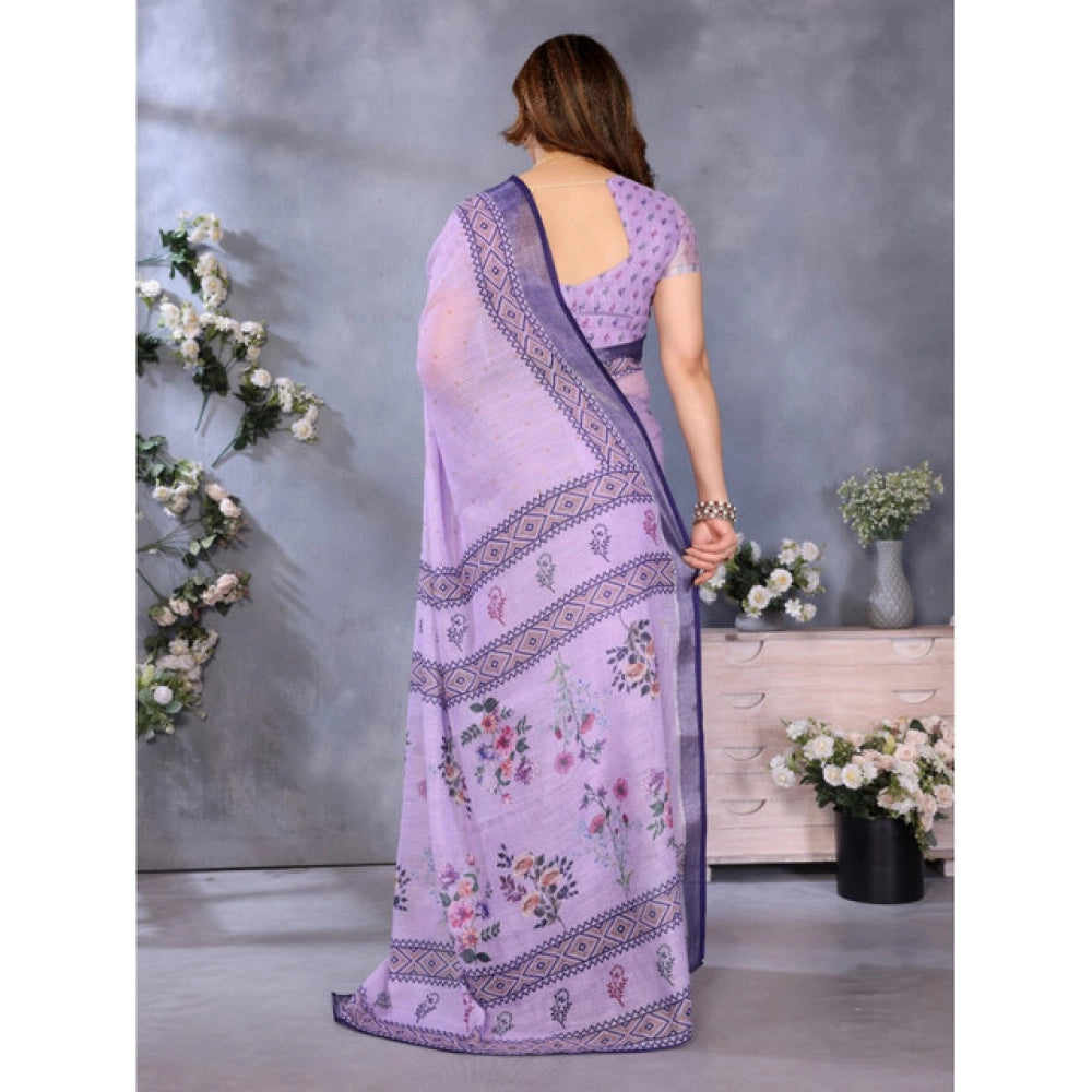 Women's Linen Cotton Printed Saree With Unstitched Blouse 5.5Mtr (Purple)